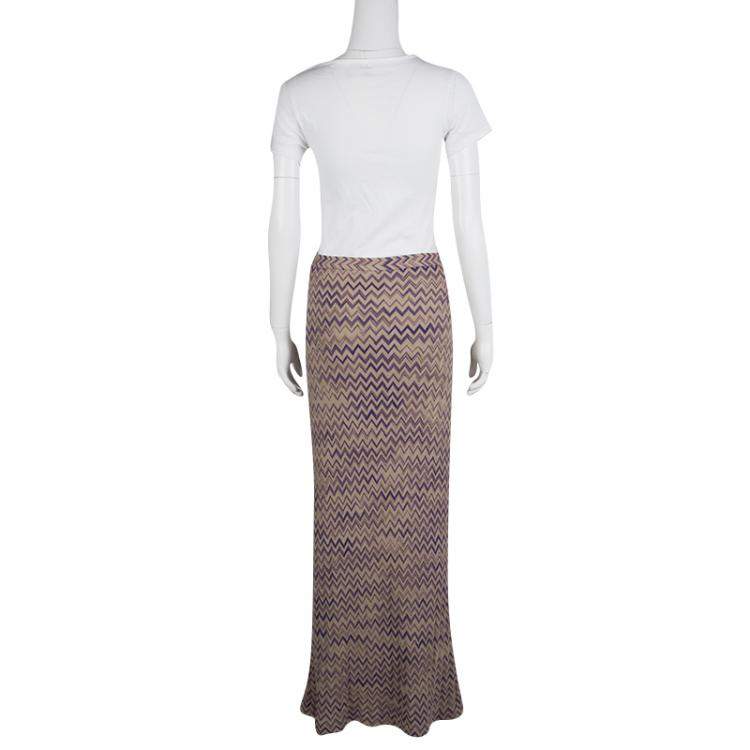 Pre Owned Missoni Beige Chevron Pattern Wool Maxi Skirt M