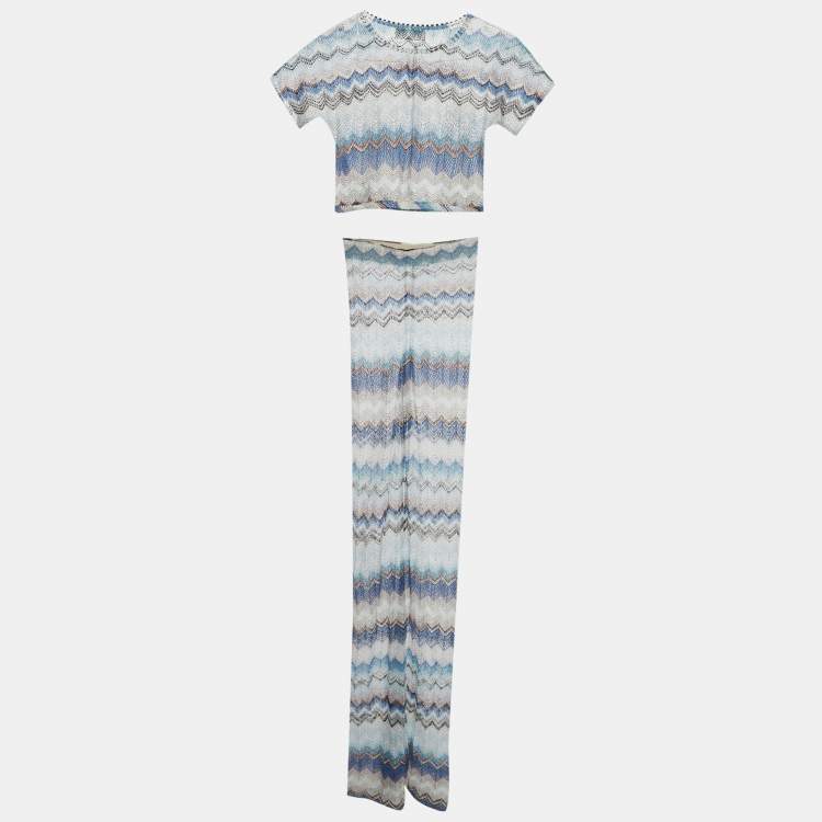 مملوكة مسبقًا Missoni Blue Zig Zag Lurex Crochet Knit Pant & Crop Top Set XS