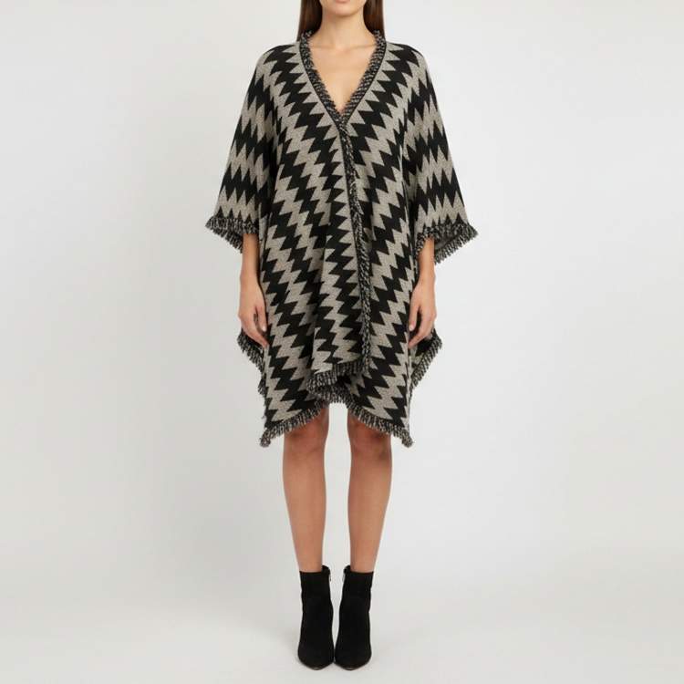 Pre Owned Missoni Black/Beige Zig Zag Print Wool Blend Poncho