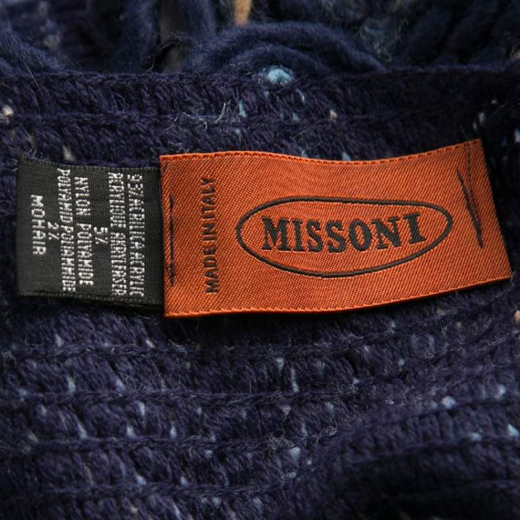 Pre Owned Missoni Navy Blue Chevron Pattern Chunky Knit Fringed Edge Poncho M