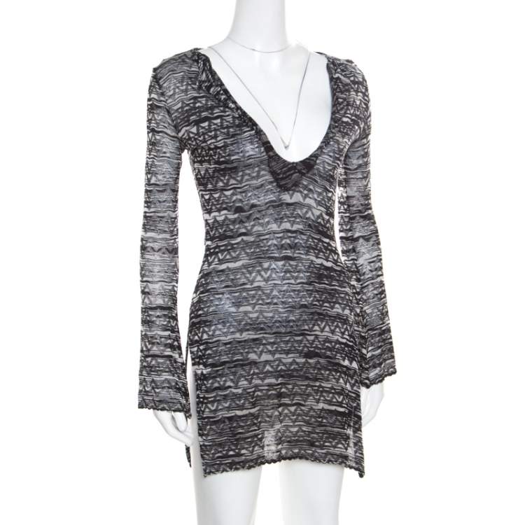 Pre Owned M Missoni Monochrome Chevron Patterned Perforated Knit Flared Sleeve Tunic S