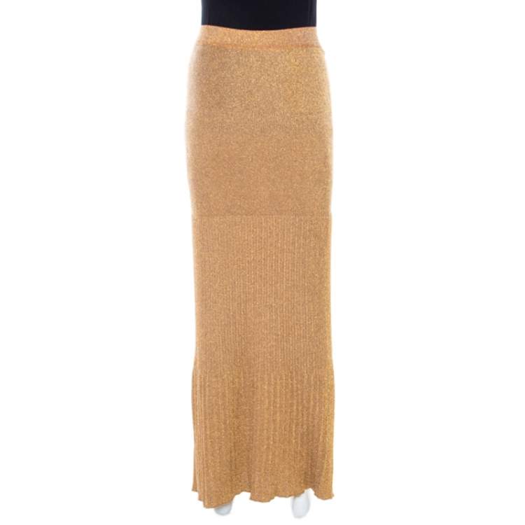 Pre Owned Missoni Metallic Gold Knit Pleated Maxi Skirt S