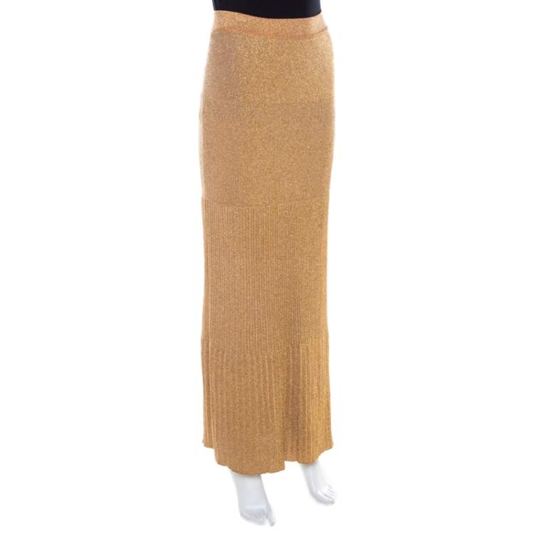 Pre Owned Missoni Metallic Gold Knit Pleated Maxi Skirt S