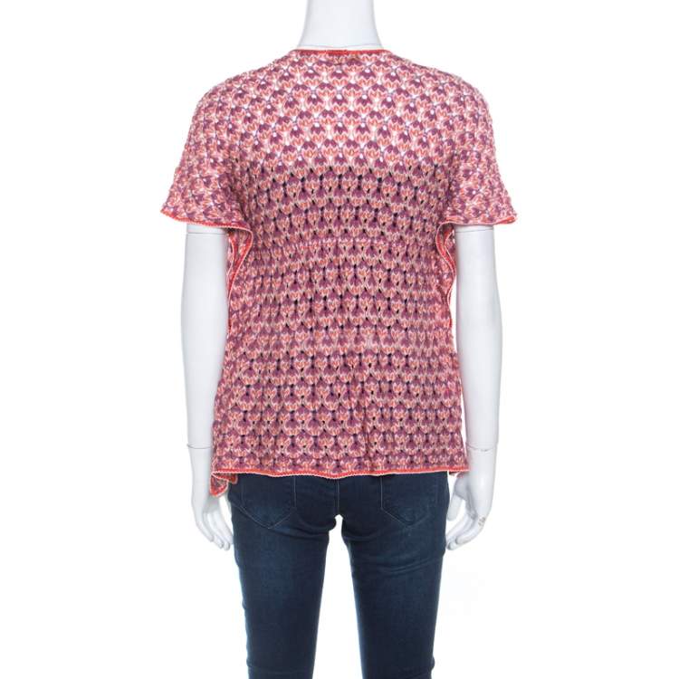 Pre Owned Missoni Purple and Orange Perforated Knit Drawstring Detail Top M 