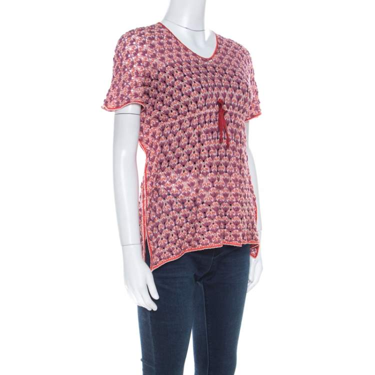 Pre Owned Missoni Purple and Orange Perforated Knit Drawstring Detail Top M 