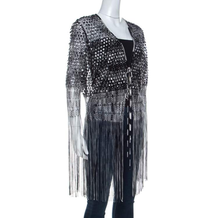 Pre Owned Missoni Monochrome Crochet Knit Lace Trim Fringed Cardigan L