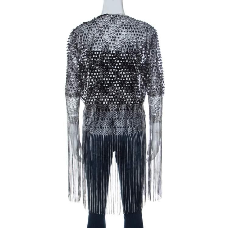 Pre Owned Missoni Monochrome Crochet Knit Lace Trim Fringed Cardigan L