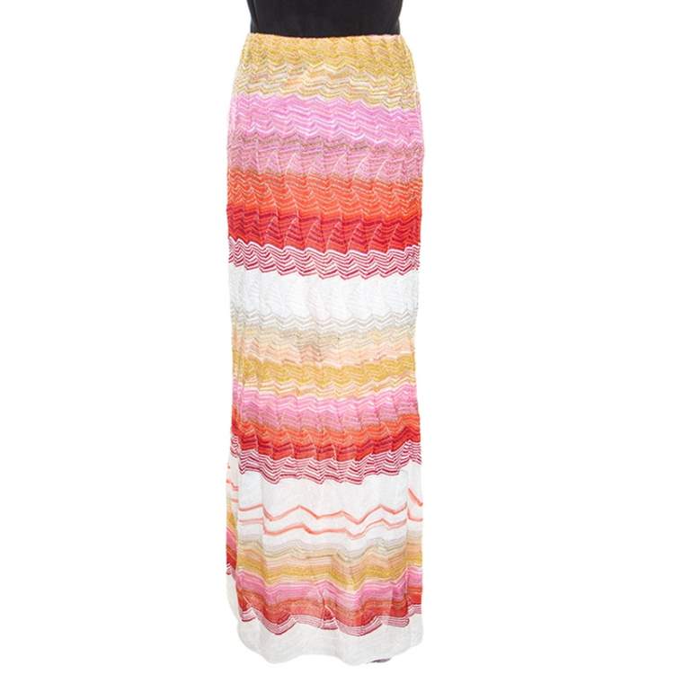 Pre Owned Missoni Multicolor Chevron Pattern Metallic Crochet Knit Maxi Skirt M