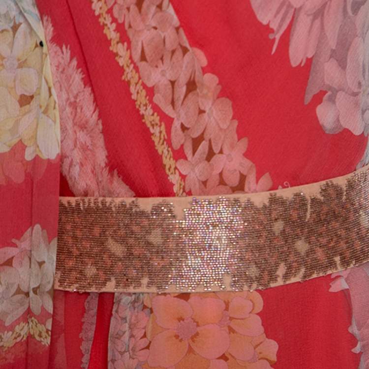 Pre Owned Missoni Coral Pink Floral Print Silk One Shoulder Maxi Dress S