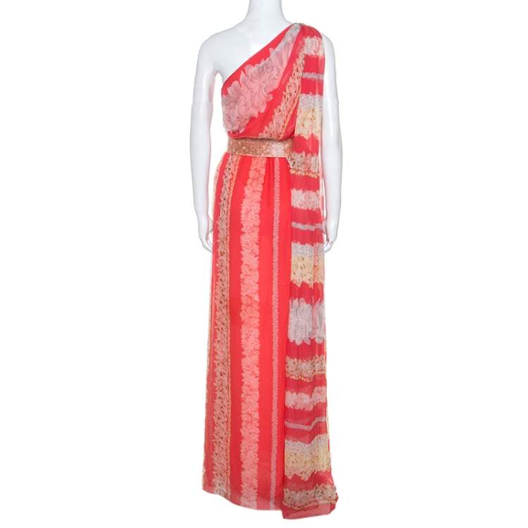 Pre Owned Missoni Coral Pink Floral Print Silk One Shoulder Maxi Dress S