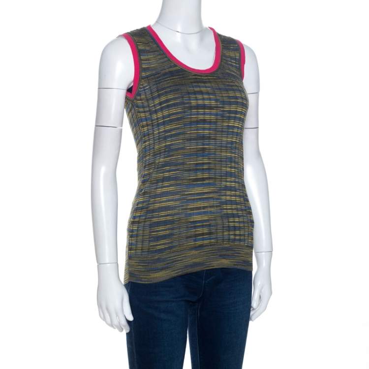 Pre Owned M Missoni Green Knit Contrast Trim Sleeveless Tank Top M 
