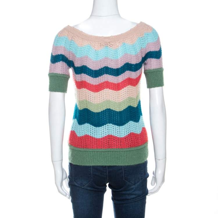 Pre Owned Missoni Multicolor Striped Wool Short Sleeve Top S 