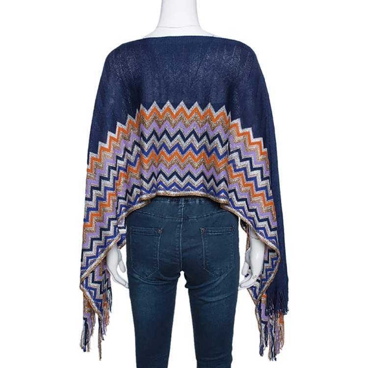 Pre Owned Missoni Navy Blue Chevron Lurex Knit Fringed Poncho One Size