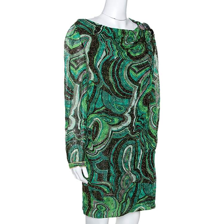 Pre Owned Missoni Green Lurex Jacquard Knit Brooch Detail Draped Dress L