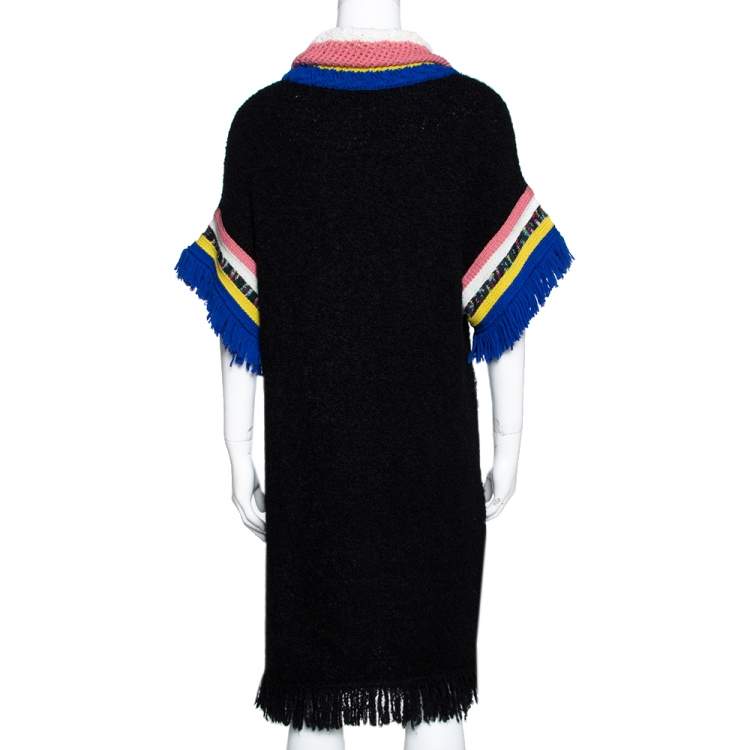 Pre Owned Missoni Black Paneled Wool Blend Fringed Turtle Neck Dress S