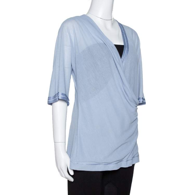 Pre Owned Missoni Blue Knit Crossover Draped Three Quarter Sleeve Top S