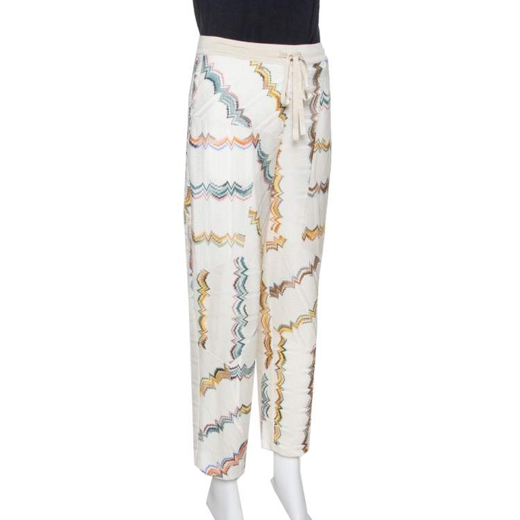 Pre Owned Missoni Cream Zig Zag Knit Straight Leg Trousers M