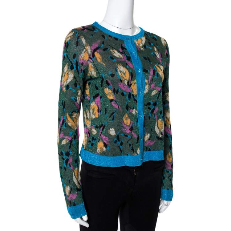 Pre Owned Missoni Green Metallic Floral Jacquard Knit Button Front Cardigan S
