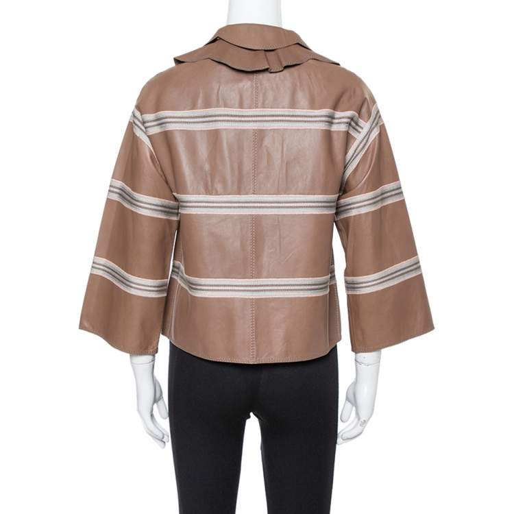 Pre Owned Missoni Brown Striped Leather Detachable Collar Detail Jacket M
