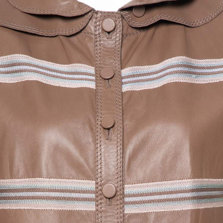 Pre Owned Missoni Brown Striped Leather Detachable Collar Detail Jacket M
