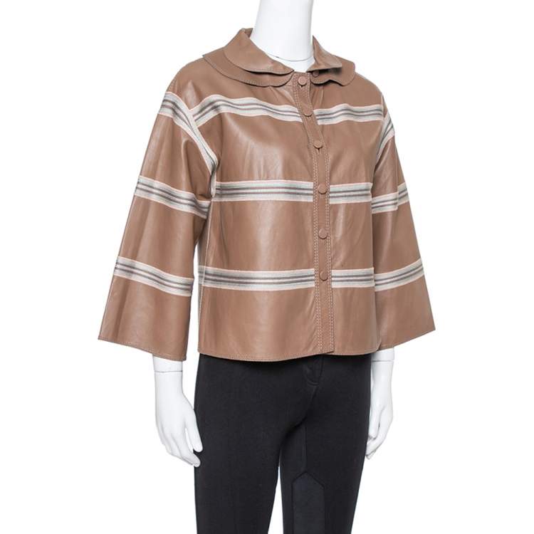 Pre Owned Missoni Brown Striped Leather Detachable Collar Detail Jacket M