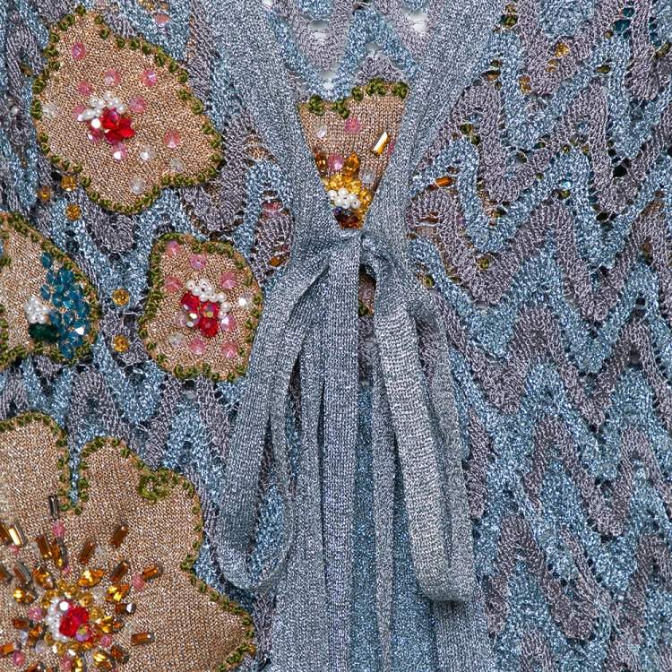 Pre Owned Missoni Grey Lurex Knit Crystal Embellished Top and Cardigan Set L