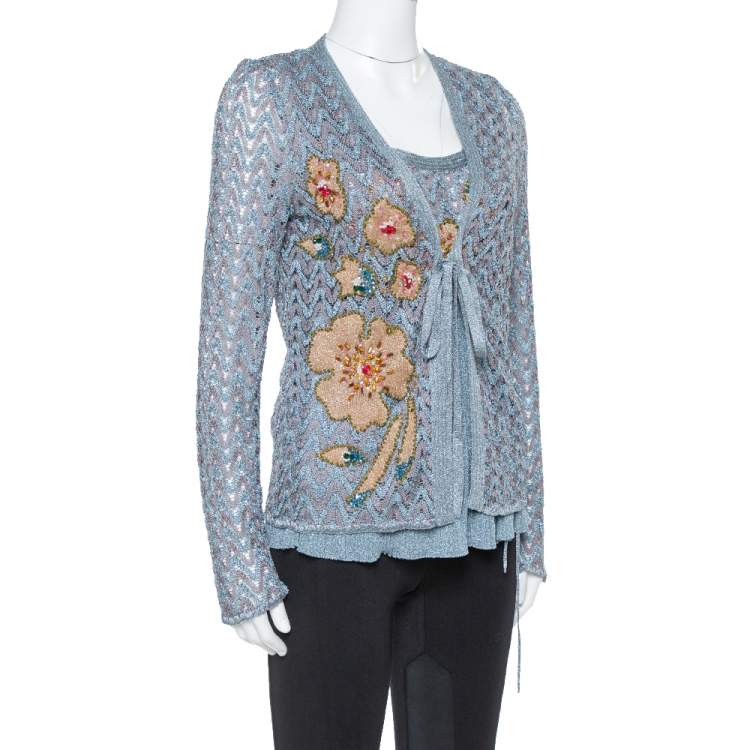 Pre Owned Missoni Grey Lurex Knit Crystal Embellished Top and Cardigan Set L