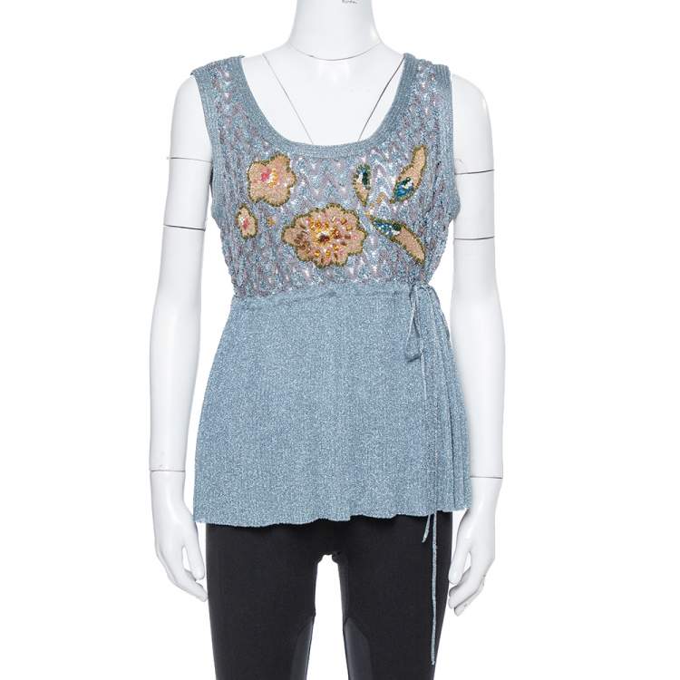 Pre Owned Missoni Grey Lurex Knit Crystal Embellished Top and Cardigan Set L