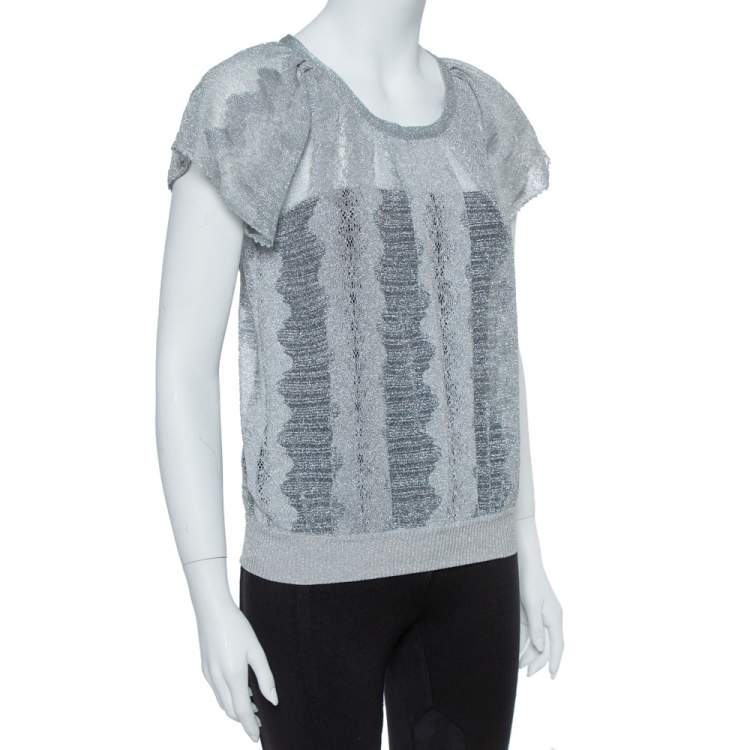 Pre Owned Missoni Metallic Silver Jacquard Knit Raglan Sleeve Top S