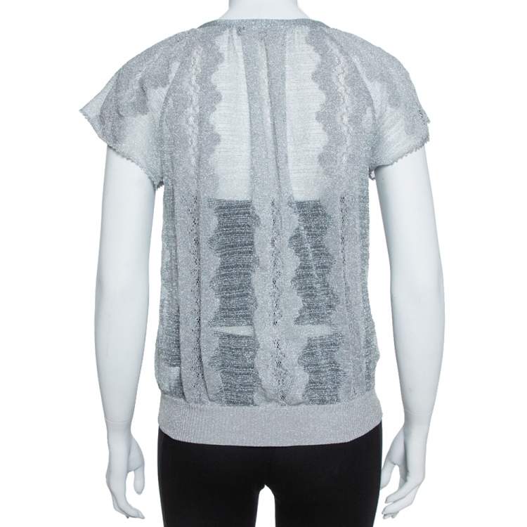 Pre Owned Missoni Metallic Silver Jacquard Knit Raglan Sleeve Top S