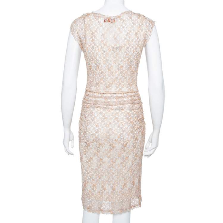 Pre Owned Missoni Beige Open Knit Ruched Midi Dress S