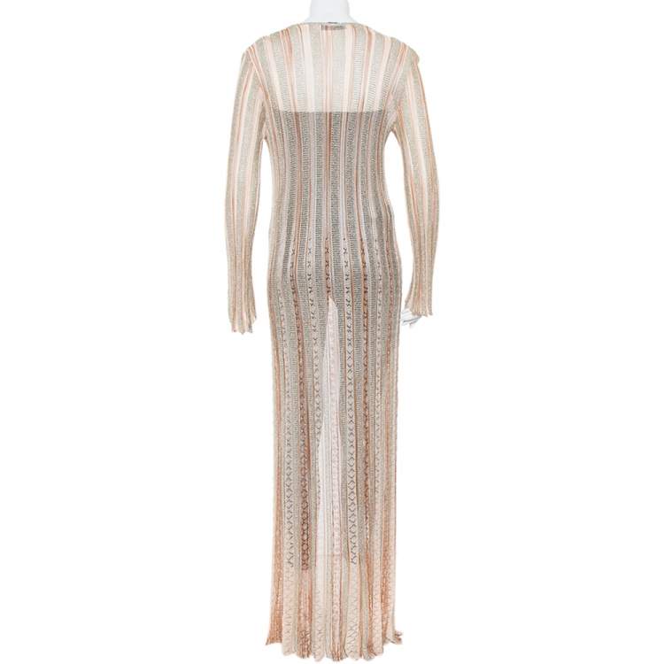 Pre Owned Missoni Beige Lurex Knit Front Tie Long Cardigan M