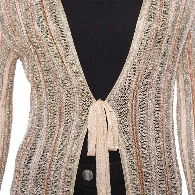 Pre Owned Missoni Beige Lurex Knit Front Tie Long Cardigan M