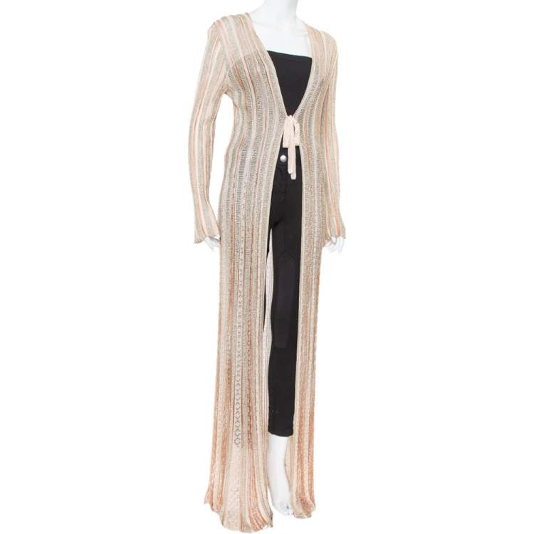Pre Owned Missoni Beige Lurex Knit Front Tie Long Cardigan M
