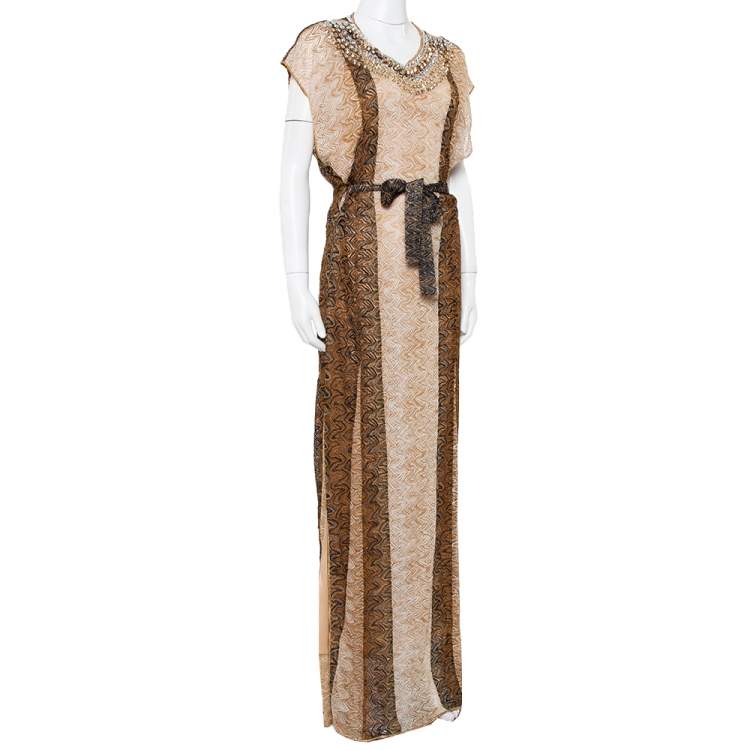 Pre Owned Missoni Beige Lurex Knit Stone Embellished Sleeveless Belted Maxi Dress M
