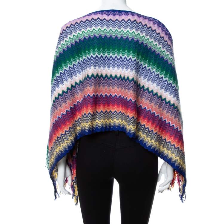 Pre Owned Missoni Multicolor Chevron Patterned Knit Fringe Detail Poncho (One Size)