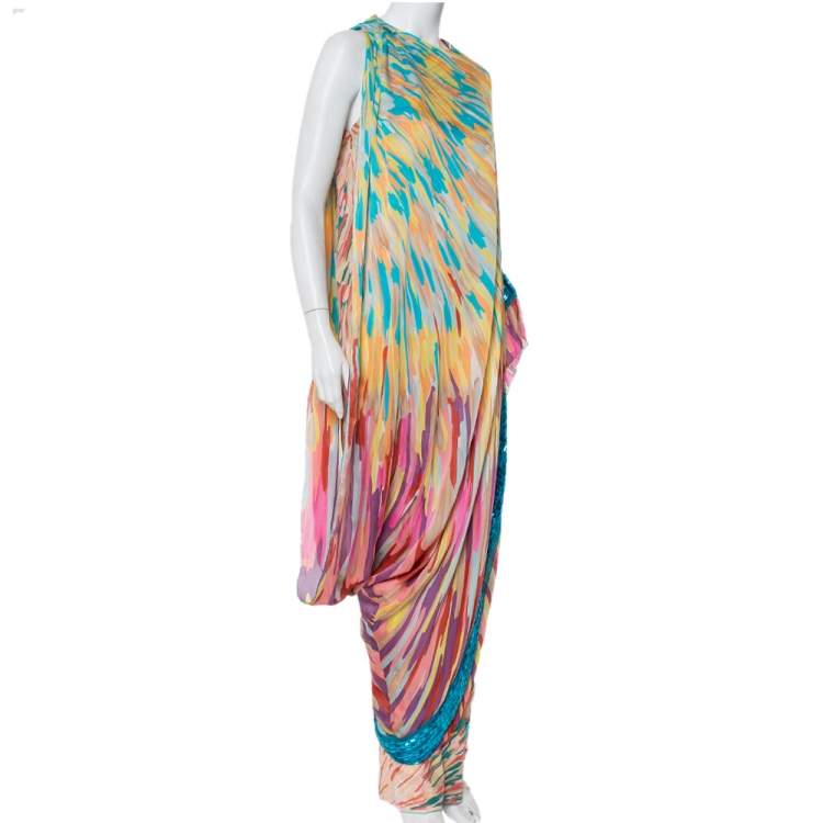 Pre Owned Missoni Multicolor Silk Embellished Cape Detail Sleeveless Maxi Dress M