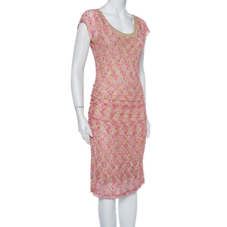Pre Owned Missoni Pink & Beige Knit Ruched Sleeveless Midi Dress M