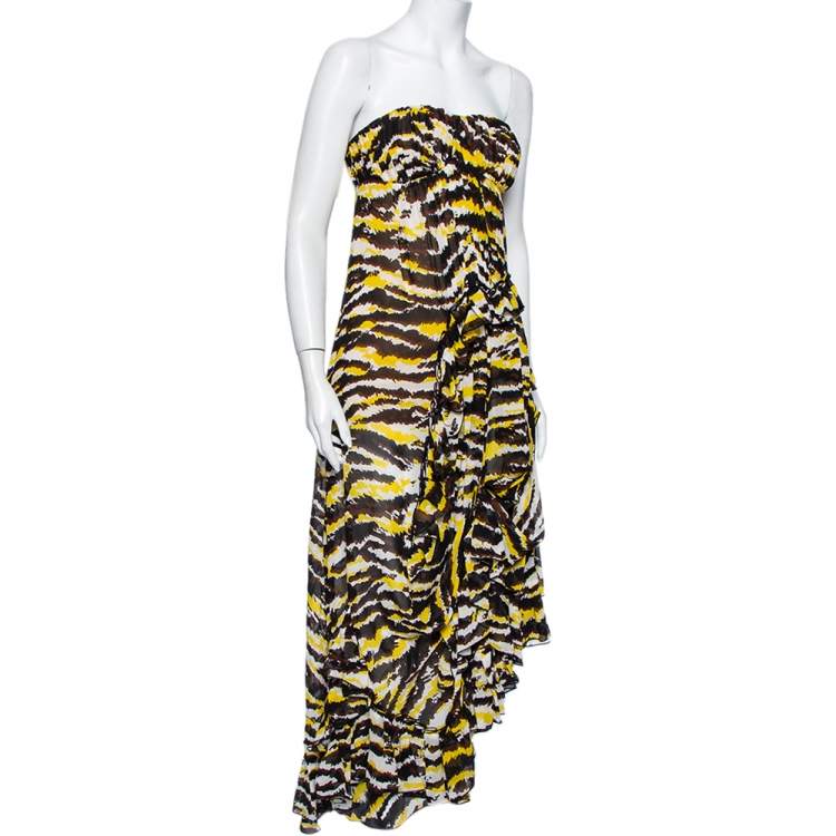 Pre Owned Missoni Yellow And Black Tiger Print Silk Strapless Tansy Dress M