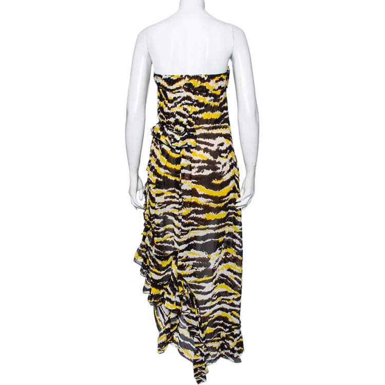 Pre Owned Missoni Yellow And Black Tiger Print Silk Strapless Tansy Dress M