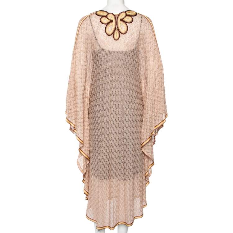 Pre Owned Missoni Light Pink Lurex Knit Contrast Trim Detail Sheer Kaftan Dress M