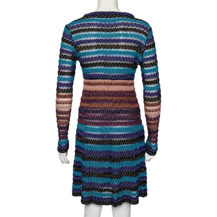 Pre Owned Missoni Multicolored Perforated Wool Knit Long Sleeve Flared Dress M