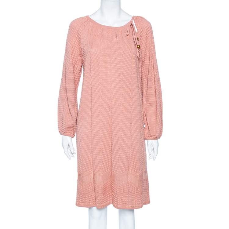 Pre Owned M Missoni Dusky Pink Perforated Knit Neck Tie Detail Midi Dress M