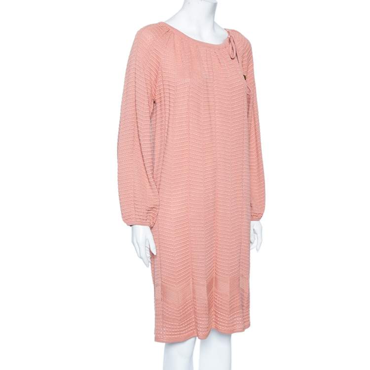 Pre Owned M Missoni Dusky Pink Perforated Knit Neck Tie Detail Midi Dress M