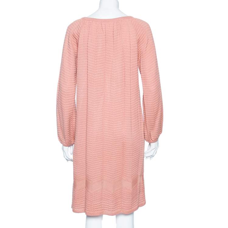 Pre Owned M Missoni Dusky Pink Perforated Knit Neck Tie Detail Midi Dress M