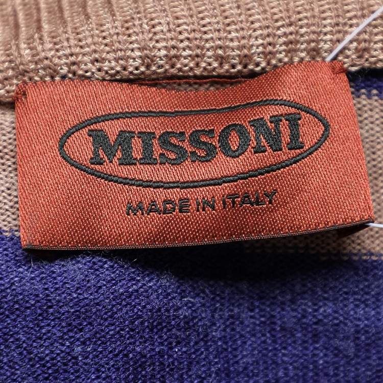 Pre Owned Missoni Beige & Navy Blue Patterned Wool Knit Button Front Cardigan L
