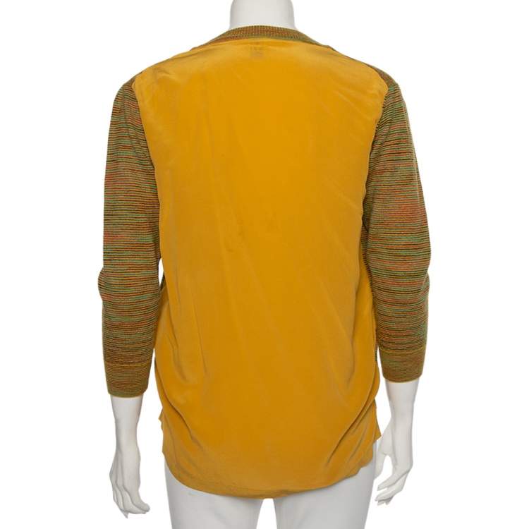 Pre Owned M Missoni Yellow Knit Silk Paneled Button Front Cardigan M