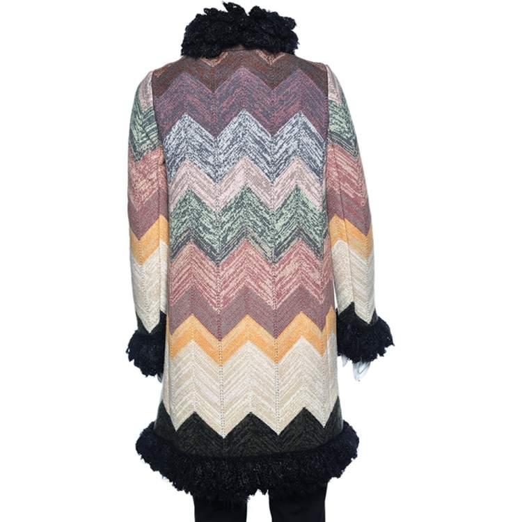 Pre Owned Missoni Multicolor patterned Wool Faux Fur Trim Detail Button Front Coat M