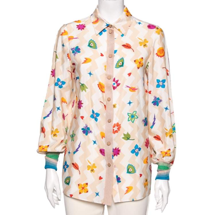Pre Owned Missoni Cream Printed Crepe & Knit Trim Detailed Button Front Shirt M