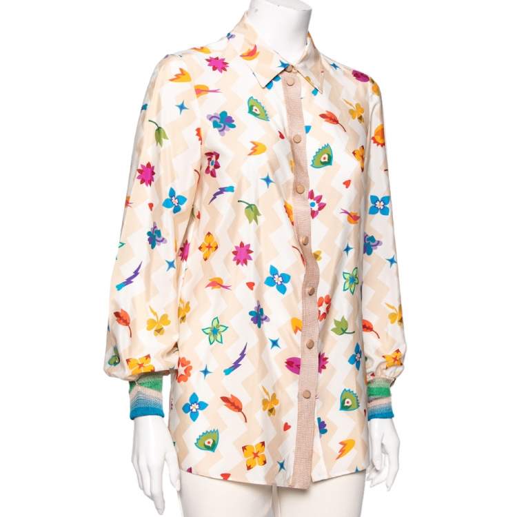 Pre Owned Missoni Cream Printed Crepe & Knit Trim Detailed Button Front Shirt M